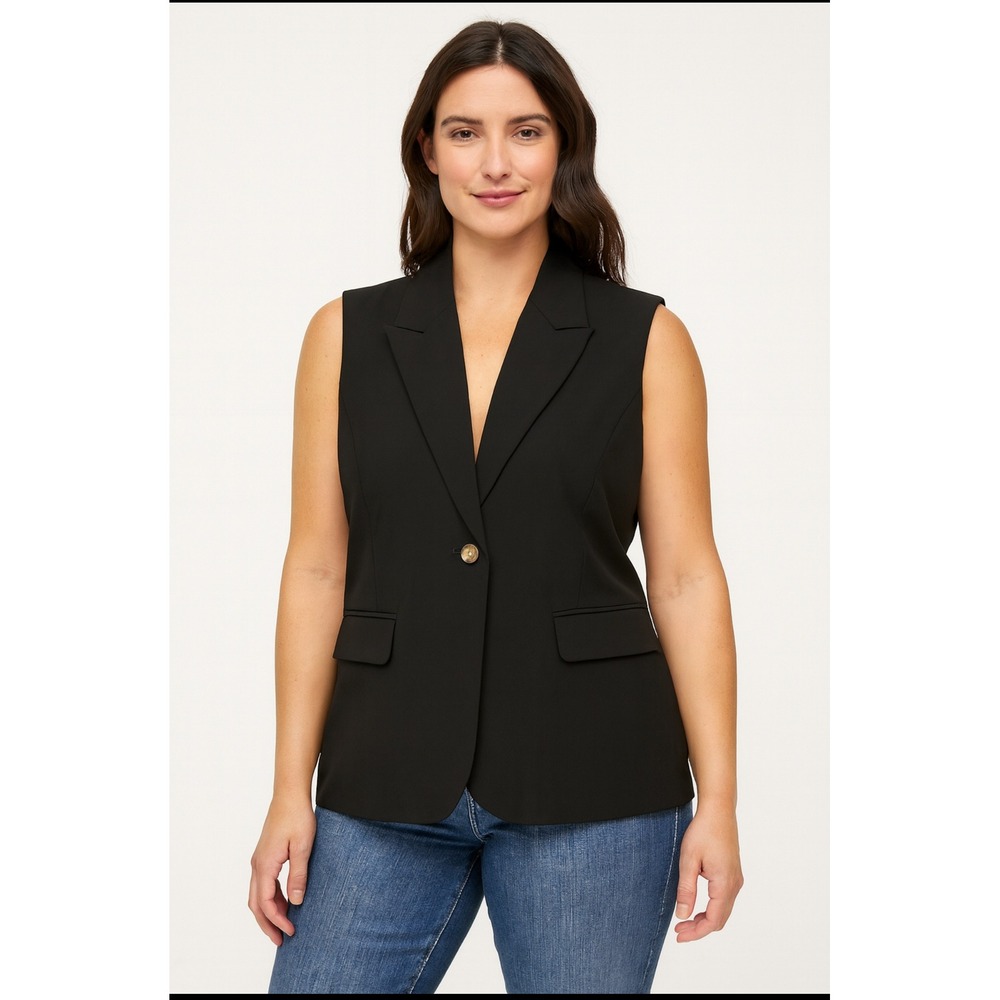 Mina Self Black One Button Lapel Collar Sleeveless Blazer Vest Women's L‎